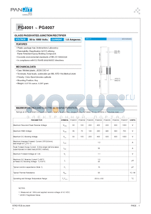 PG4001 datasheet - GLASS PASSIVATED JUNCTION RECTIFIER