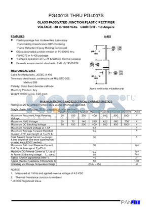 PG4003S datasheet - GLASS PASSIVATED JUNCTION PLASTIC RECTIFIER(VOLTAGE - 50 to 1000 Volts CURRENT - 1.0 Ampere)