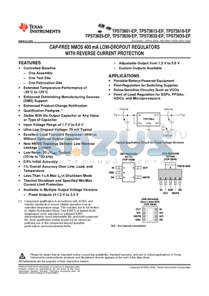 V62/06626-02XE datasheet - CAP-FREE NMOS 400 mA LOW-DROPOUT REGULATORS WITH REVERSE CURRENT PROTECTION