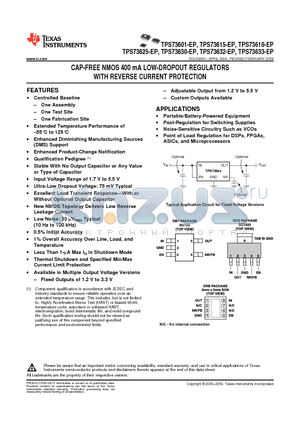 V62/06626-01YE datasheet - CAP-FREE NMOS 400 mA LOW-DROPOUT REGULATORS WITH REVERSE CURRENT PROTECTION