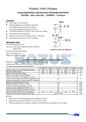 PG4948 datasheet - GLASS PASSIVATED JUNCTION FAST SWITCHING RECTIFIER(VOLTAGE - 200 to 1000 Volts CURRENT - 1.0 Ampere)