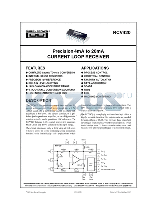 RCV420KP datasheet - Precision 4mA to 20mA CURRENT LOOP RECEIVER