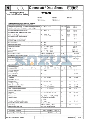 TT106N datasheet - Netz-Thyristor-Modul Phase Control Thyristor Module