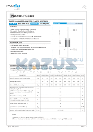 PG5408 datasheet - GLASS PASSIVATED JUNCTION PLASTIC RECTIFIER