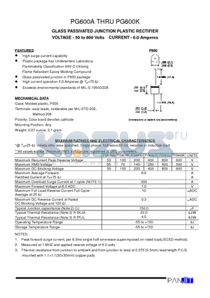 PG600A datasheet - GLASS PASSIVATED JUNCTION PLASTIC RECTIFIER(VOLTAGE - 50 to 800 Volts CURRENT - 6.0 Amperes)