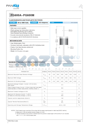 PG600A datasheet - GLASS PASSIVATED JUNCTION PLASTIC RECTIFIERS