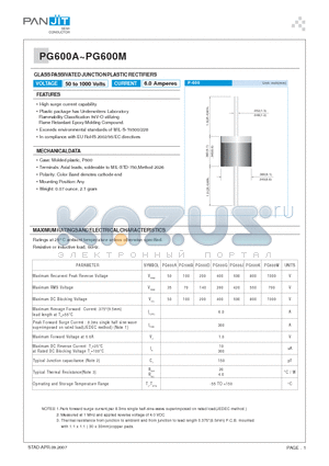 PG600A_07 datasheet - GLASS PASSIVATED JUNCTION PLASTIC RECTIFIERS