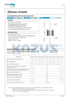 PG600B datasheet - GLASS PASSIVATED JUNCTION PLASTIC RECTIFIERS