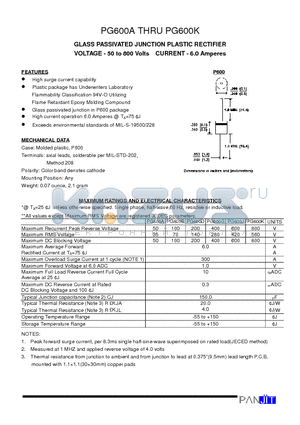 PG600D datasheet - GLASS PASSIVATED JUNCTION PLASTIC RECTIFIER(VOLTAGE - 50 to 800 Volts CURRENT - 6.0 Amperes)