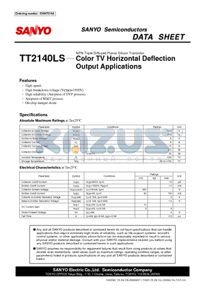 TT2140LS datasheet - COLOR TV HORIZONTAL DEFLECTION OUTPUT APPLICATIONS(NPN TRIPLE DIFFUSED PLANAR SILICON TRANSISTOR)