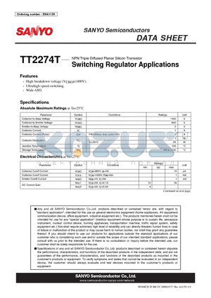 TT2274T datasheet - NPN Triple Diffused Planar Silicon Transistor Switching Regulator Applications