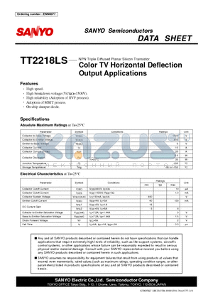 TT2218LS datasheet - NPN Triple Diffused Planar Silicon Transistor Color TV Horizontal Deflection Output Applications