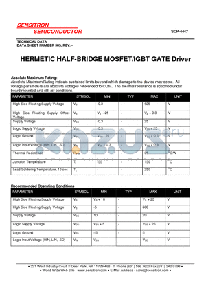 SCP-4447 datasheet - HERMETIC HALF-BRIDGE MOSFET/IGBT GATE Driver