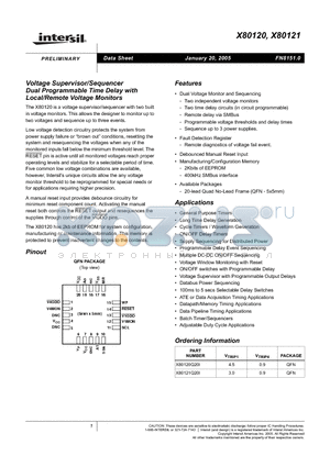 X80120 datasheet - Voltage Supervisor/Sequencer Dual Programmable Time Delay with Local/Remote Voltage Monitors