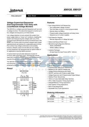 X80121 datasheet - Voltage Supervisor/Sequencer Dual Programmable Time Delay with Local/Remote Voltage Monitors
