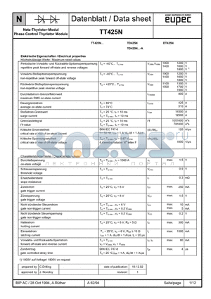 TT425N datasheet - Netz-Thyristor-Modul Phase Control Thyristor Module