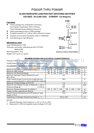 PG606R datasheet - GLASS PASSIVATED JUNCTION FAST SWITCHING RECTIFIER(VOLTAGE - 50 to 800 Volts CURRENT - 6.0 Amperes)