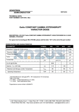 SCP-5761 datasheet - GaAs CONSTANT GAMMA HYPERABRUPT VARACTOR DIODE