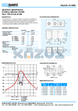 TT67214A-815M datasheet - Specimen Specification 815MHz HELICAL FILTER