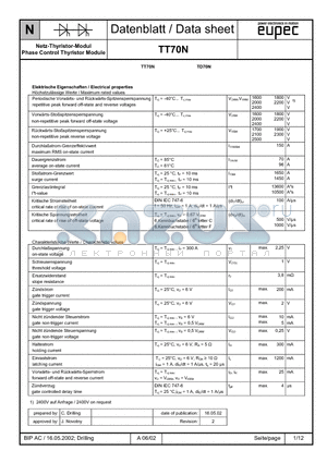 TT70N datasheet - Netz-Thyristor-Modul Phase Control Thyristor Module