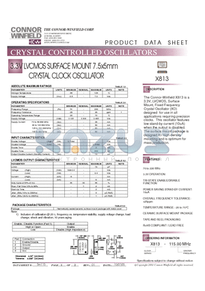 X813-115.00M datasheet - 3.3V LVCMOS SURFACE MOUNT 7.5x5mm CRYSTAL CLOCK OSCILLATOR