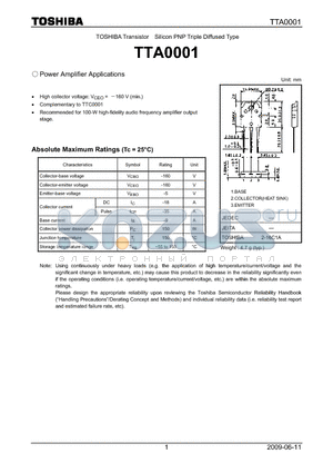 TTA0001 datasheet - Transistor Silicon PNP Triple Diffused Type