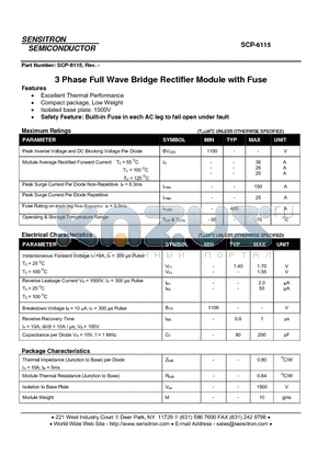 SCP-6115 datasheet - 3 Phase Full Wave Bridge Rectifier Module with Fuse