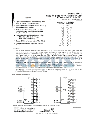 SN54159J datasheet - 4-LINE TO 16-LINE DECODERS/MEMULTIPLEXERS WITH OPEN-COLLECTOR OUTPUTS
