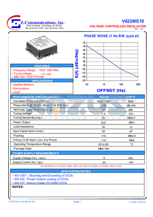 V622ME10 datasheet - LOW COST - HIGH PERFORMANCE VOLTAGE CONTROLLED OSCILLATOR