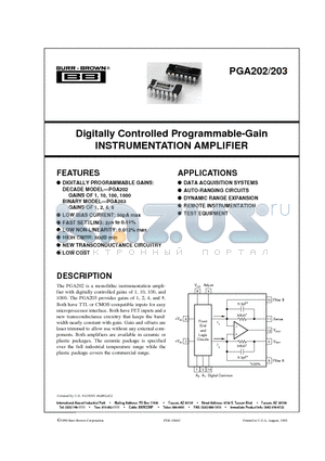 PGA203 datasheet - Digitally Controlled Programmable-Gain INSTRUMENTATION AMPLIFIER