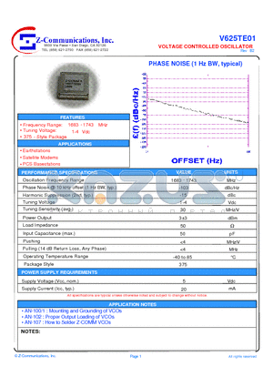 V625TE01 datasheet - LOW COST - HIGH PERFORMANCE VOLTAGE CONTROLLED OSCILLATOR