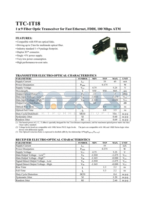 TTC-1T18 datasheet - 1 X 9 FIBER OPTIC TRANSCEIVER FOR FAST ETHERNET, FDDI, 100 MBPS ATM