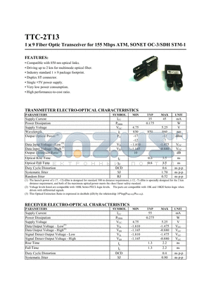 TTC-2T13 datasheet - 1 X 9 Fiber Optic Transceiver for 155 Mbps ATM, SONET OC-3/SDH STM-1