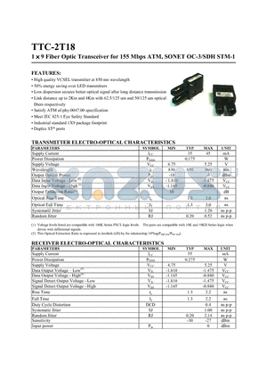 TTC-2T18 datasheet - 1 X 9 FIBER OPTIC TRANSCEIVER FOR 155 MBPS ATM, SONET OC-3/SDH STM-1