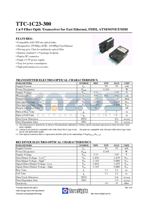 TTC-1C23-300 datasheet - 1  9 Fiber Optic Transceiver for Fast Ethernet, FDDI, ATM/SONET/SDH