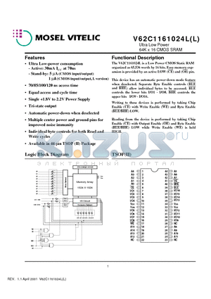 V62C1161024L-70T datasheet - Ultra Low Power 64K x 16 CMOS SRAM