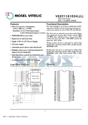 V62C1161024L-85T datasheet - Ultra Low Power 64K x 16 CMOS SRAM