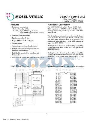 V62C1162048L-70B datasheet - Ultra Low Power 128K x 16 CMOS SRAM