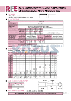 SS0R1M1HSA040050 datasheet - ALUMINUM ELECTROLYTIC CAPACITORS SS Series: Radial Micro-Miniature Size