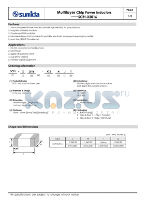 SCPI-X2016-472 datasheet - Multilayer Chip Power Inductors