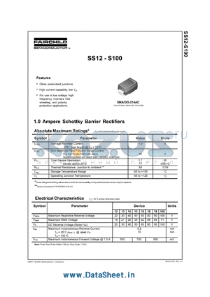 SS100 datasheet - 1.0 Ampere Schottky Barrier Rectifiers