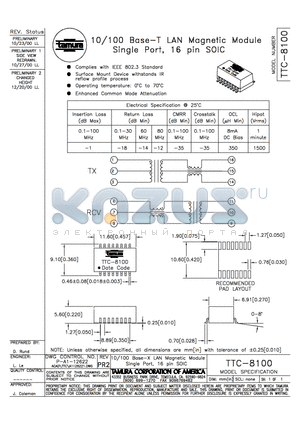 TTC-8100 datasheet - 10/100 Base- T LAN Magnetic Module Single Port, 16 pin SOIC