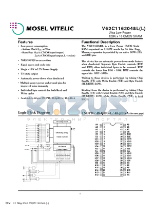 V62C1162048LL-85T datasheet - Ultra Low Power 128K x 16 CMOS SRAM