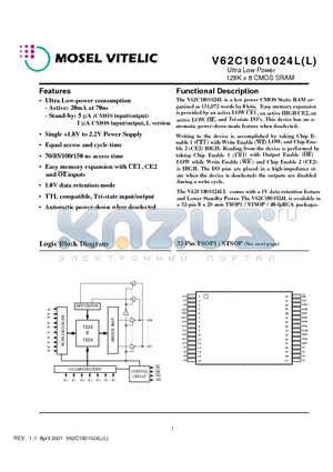 V62C1801024L-85V datasheet - Ultra Low Power 128K x 8 CMOS SRAM