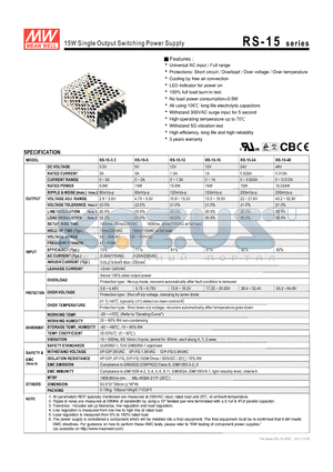 RS-15-24 datasheet - 15W Single Output Switching Power Supply