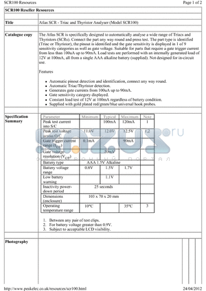 SCR100 datasheet - Atlas SCR - Triac and Thyristor Analyser (Model SCR100)