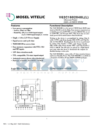 V62C1802048L-100T datasheet - Ultra Low Power 256K x 8 CMOS SRAM