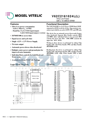 V62C2161024L datasheet - Ultra Low Power 64K x 16 CMOS SRAM