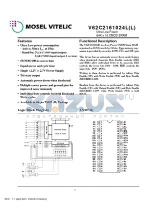 V62C2161024LL-85T datasheet - Ultra Low Power 64K x 16 CMOS SRAM