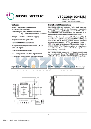 V62C2801024L-150V datasheet - Ultra Low Power 128K x 8 CMOS SRAM